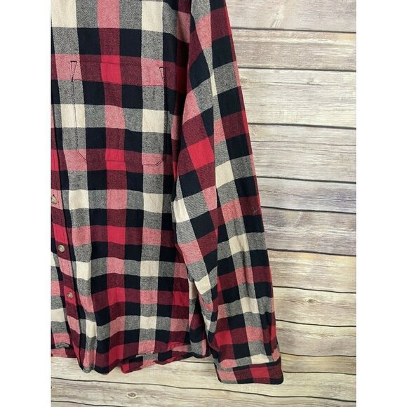 Eddie Bauer Seattle Mens XXL Plaid Flannel Button Down Shirt Red Black Long Slv - Picture 2 of 12